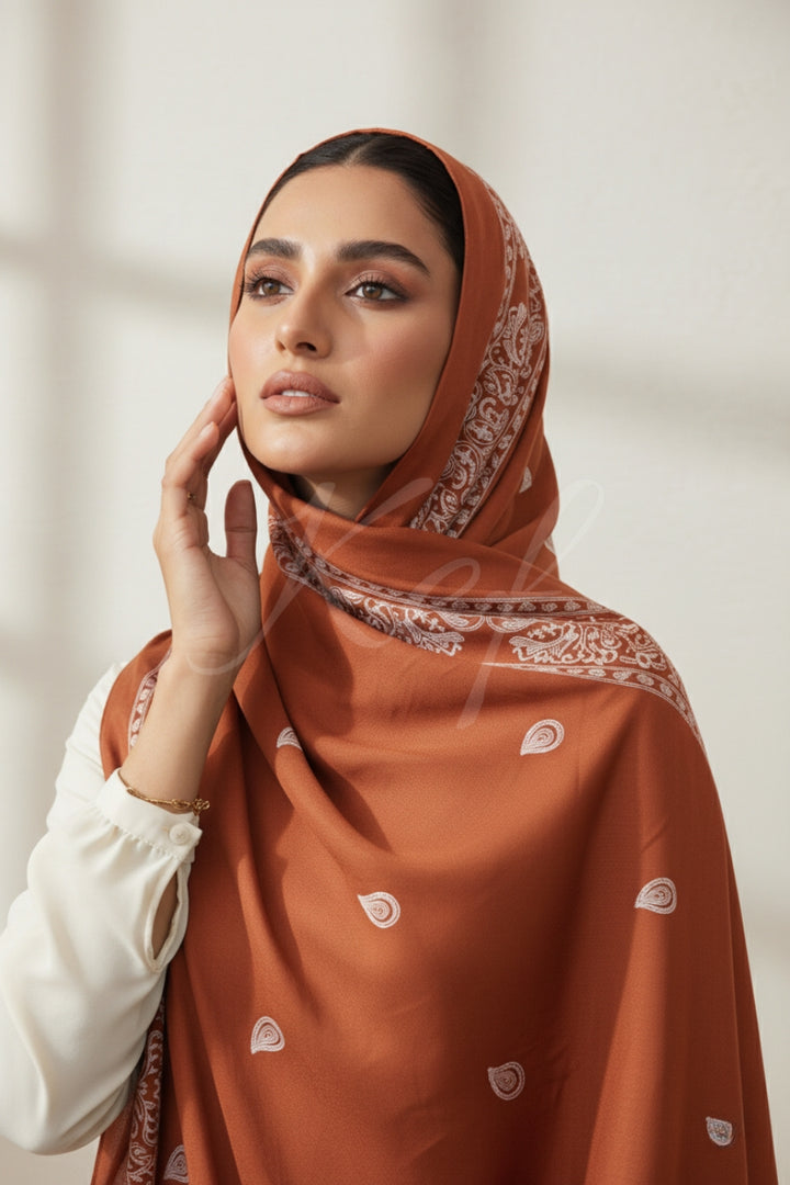 Stripe Embroidery Lawn Hijab - Tan