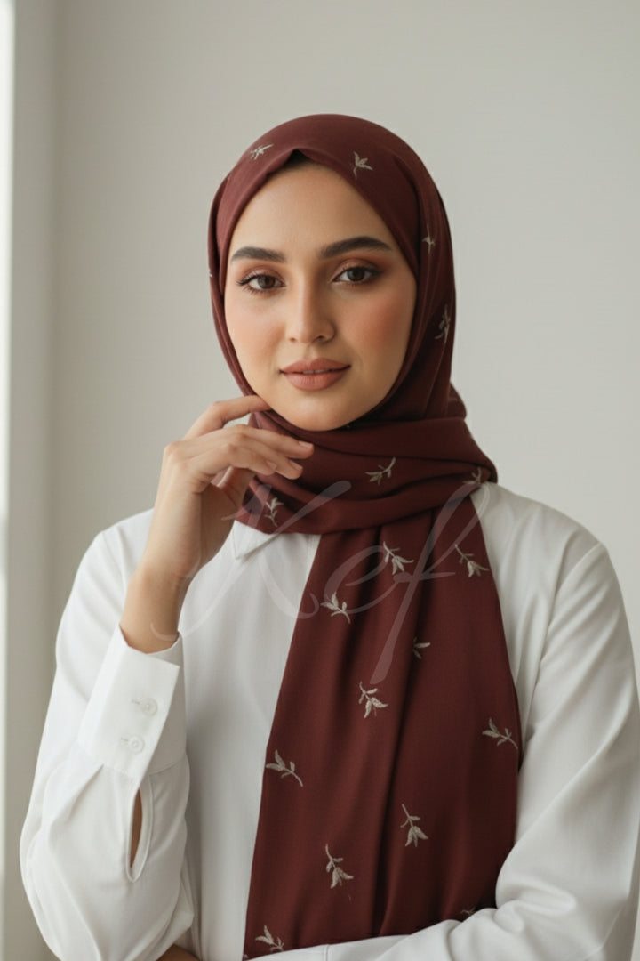 Grace Embroidery Lawn Hijab - Cape Mortuum