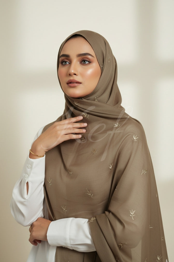 Grace Embroidery Lawn Hijab - Khaki