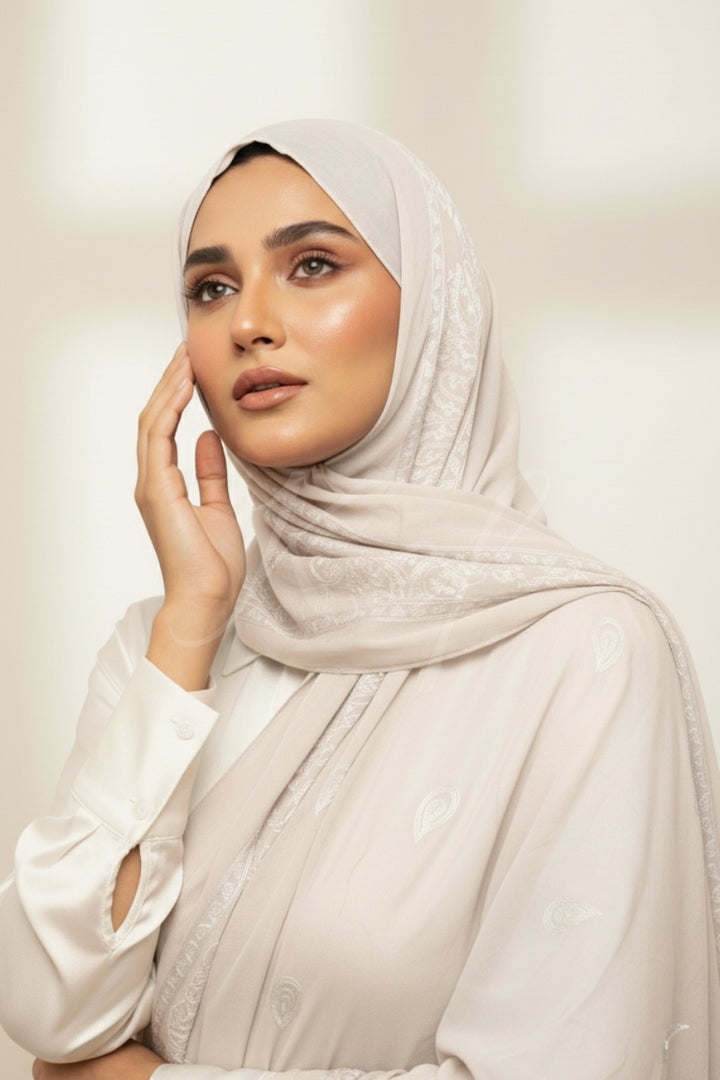Stripe Embroidery Lawn Hijab - Platinum