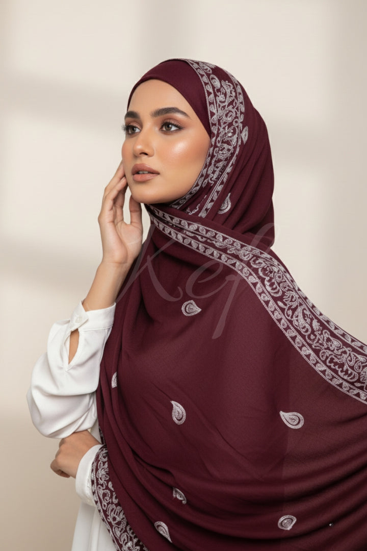 Stripe Embroidery Lawn Hijab - Cape Mortum