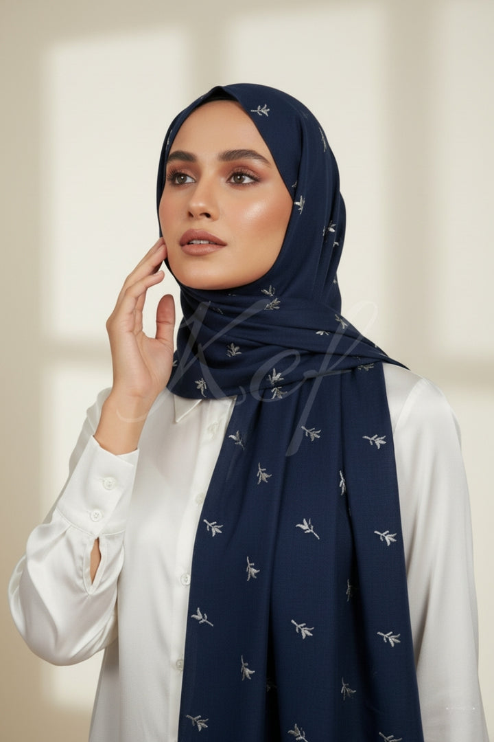 Grace Embroidery Lawn Hijab - Navy Blue