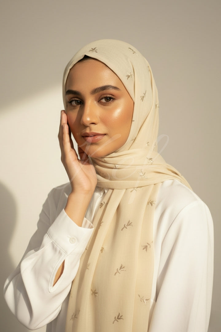 Grace Embroidery Lawn Hijab - Cream