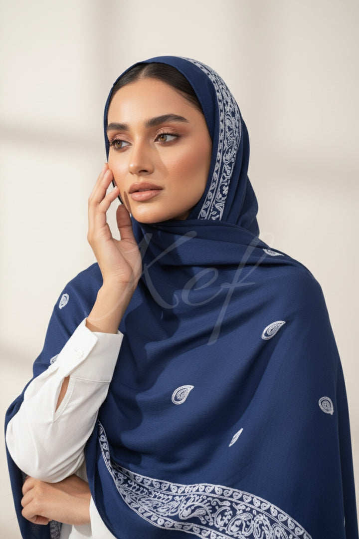 Stripe Embroidery Lawn Hijab - Navy Blue