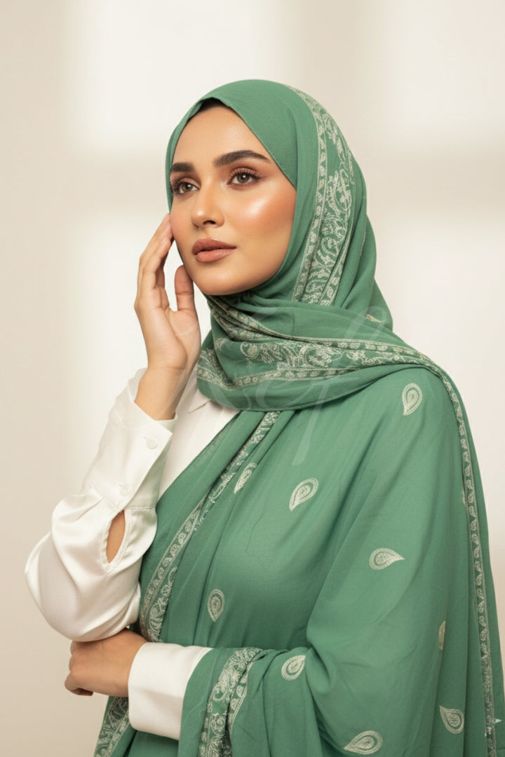 Stripe Embroidery Lawn Hijab - Sage