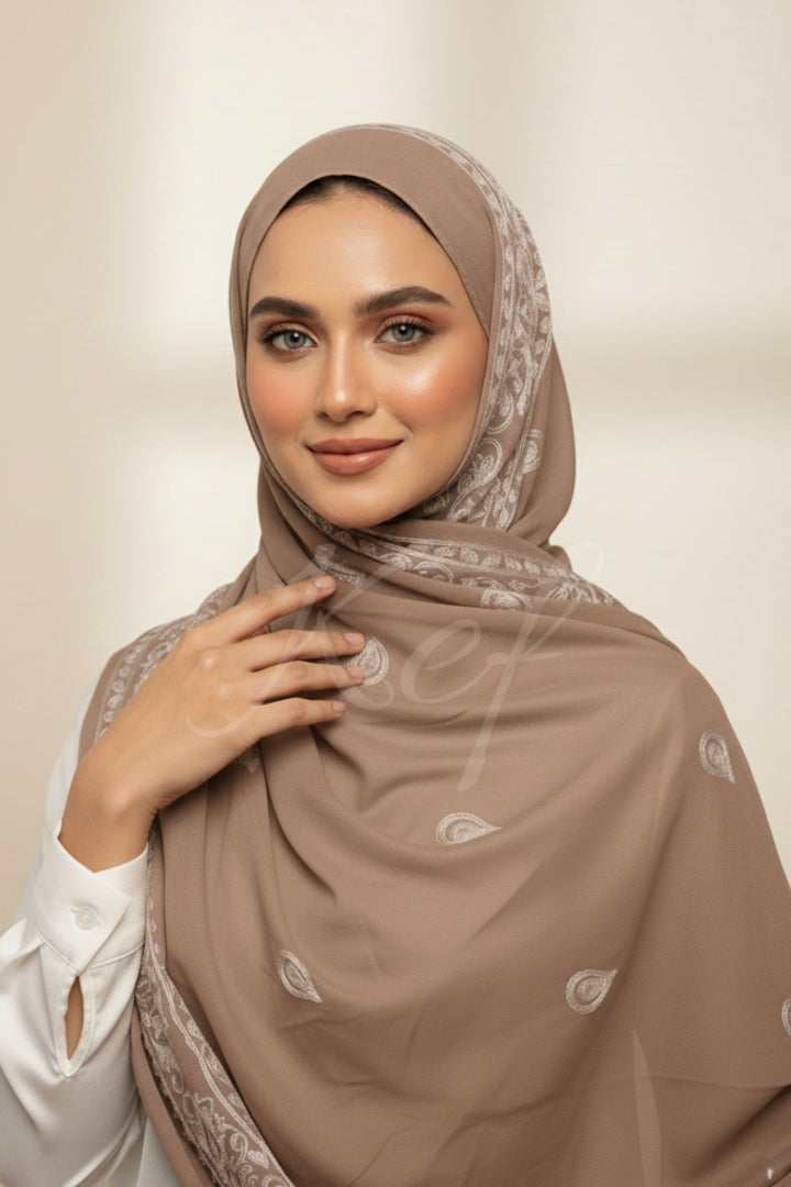 Stripe Embroidery Lawn Hijab - Taupe