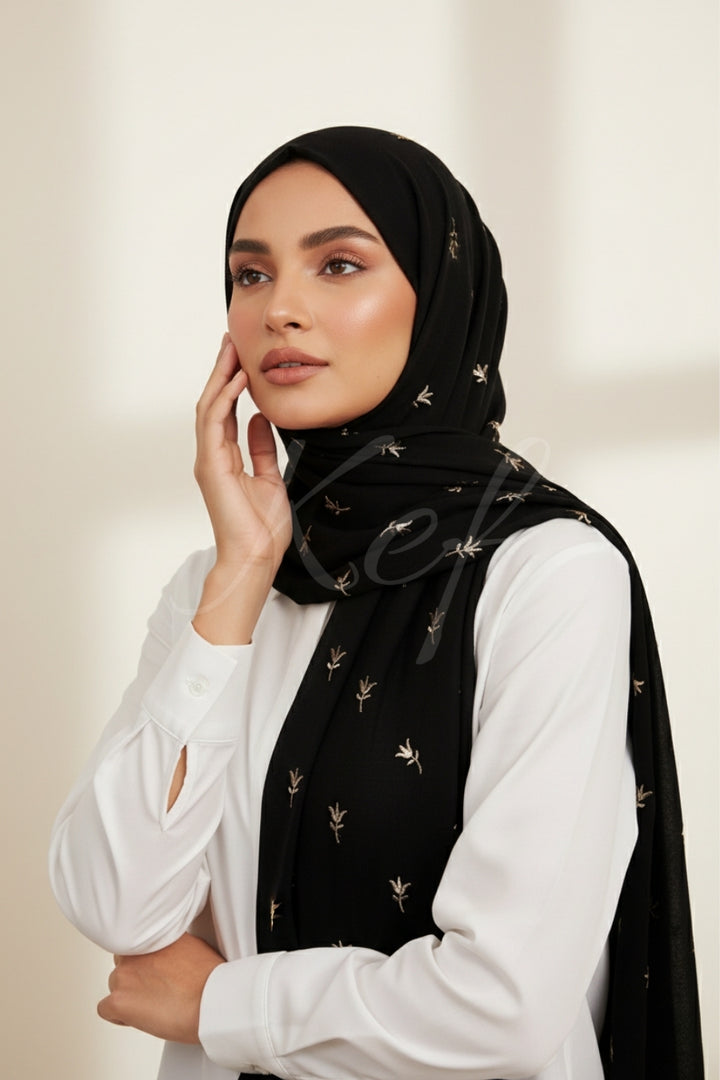 Grace Embroidery Lawn Hijab - Black