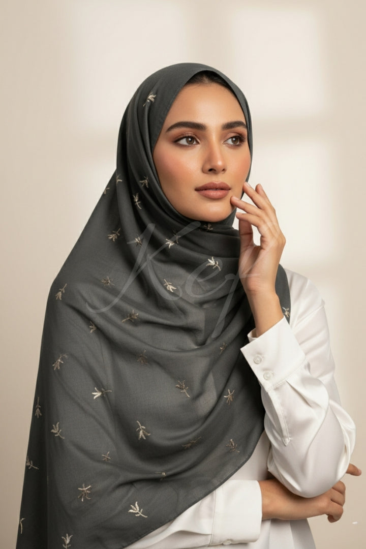 Grace Embroidery Lawn Hijab - Charcoal Grey
