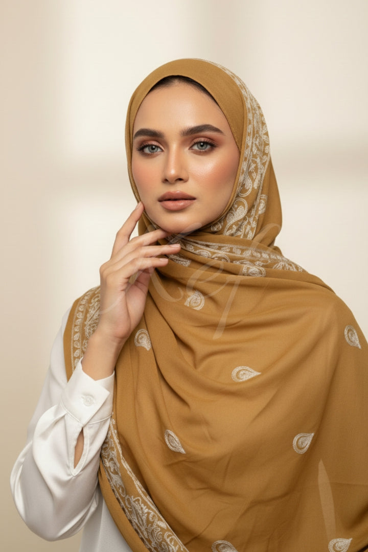 Stripe Embroidery Lawn Hijab - Mustard