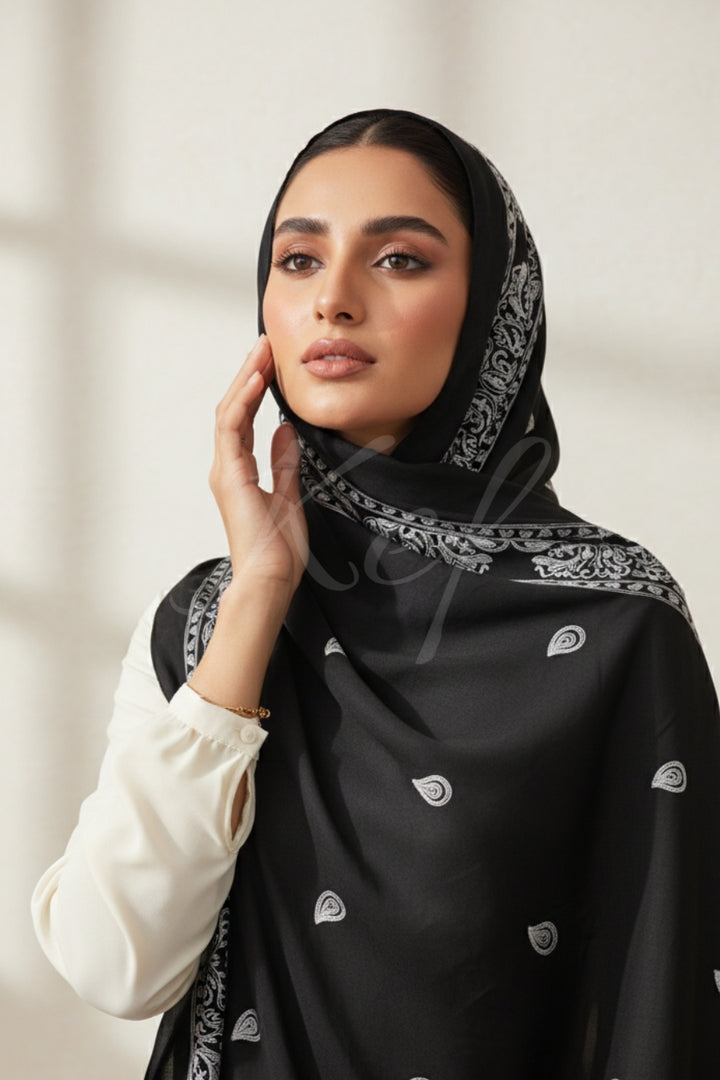 Stripe Embroidery Lawn Hijab - Black