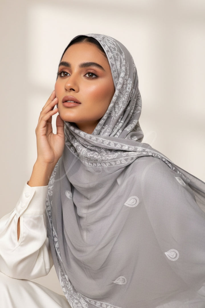 Stripe Embroidery Lawn Hijab - Grey