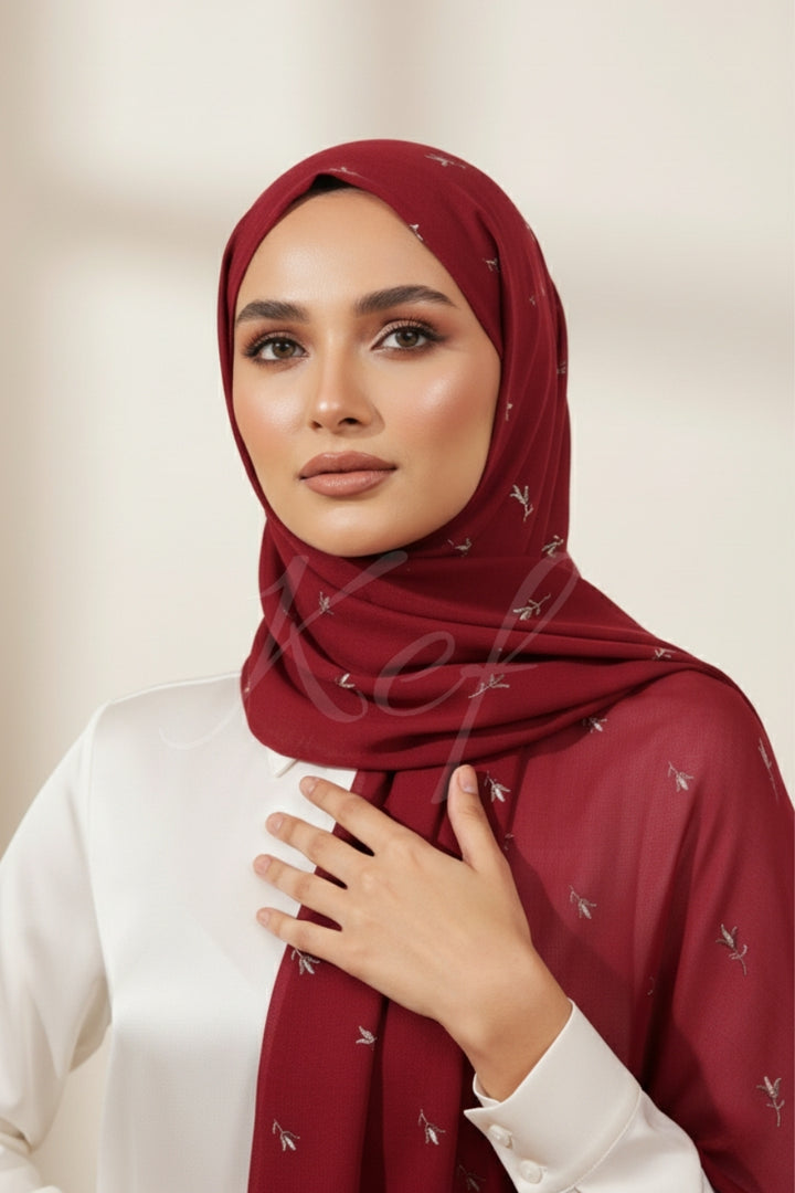 Grace Embroidery Lawn Hijab - Ruby Red