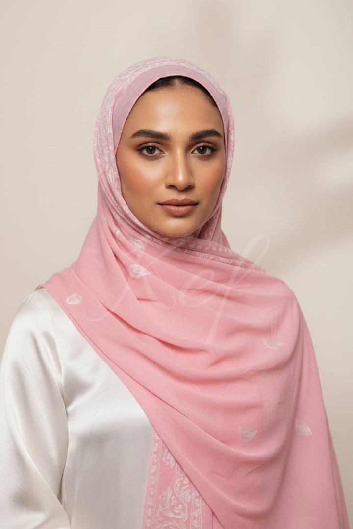 Stripe Embroidery Lawn Hijab - Candy Pink