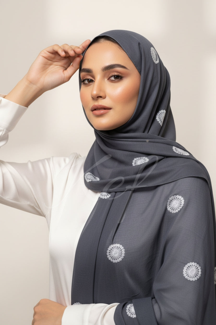 Circle Embroidery Lawn - Charcoal Grey