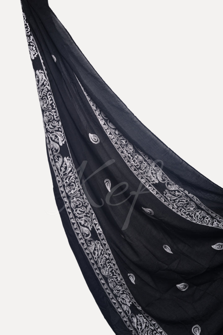 Stripe Embroidery Lawn Hijab - Black