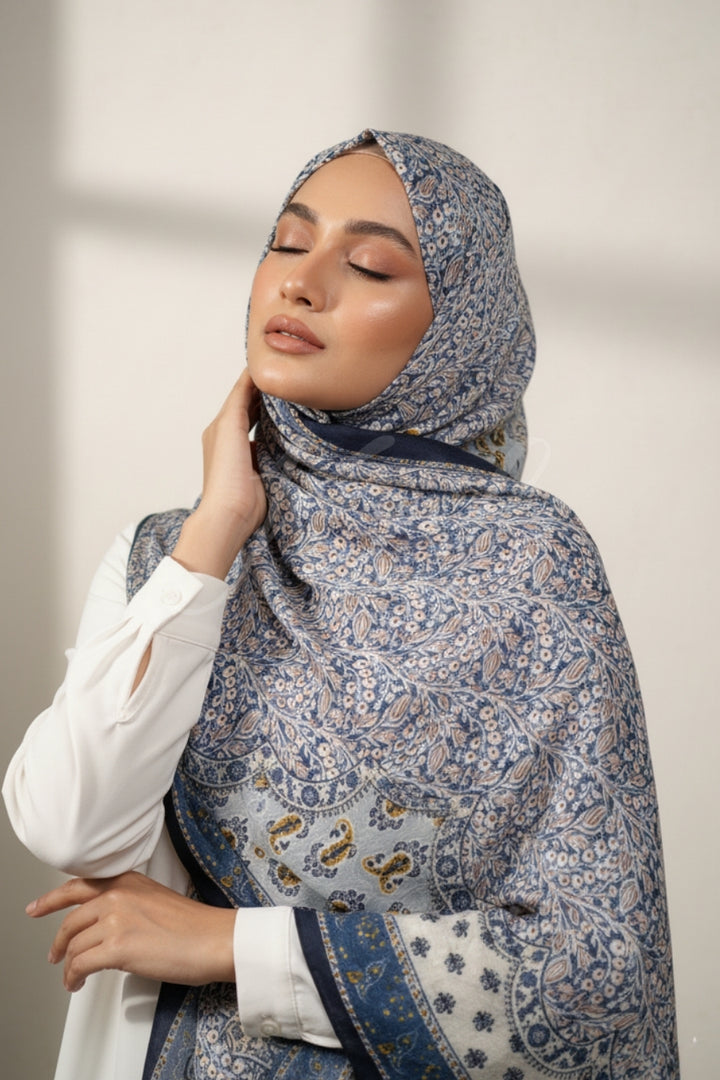 Printed Floral Lawn Hijab - Blue Mirange