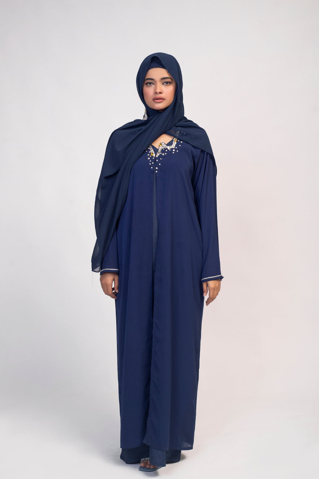 Crystal Embroidered Blue Abaya