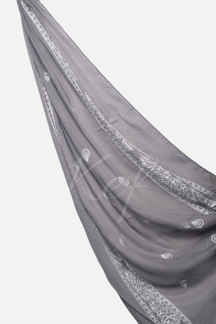 Stripe Embroidery Lawn Hijab - Grey