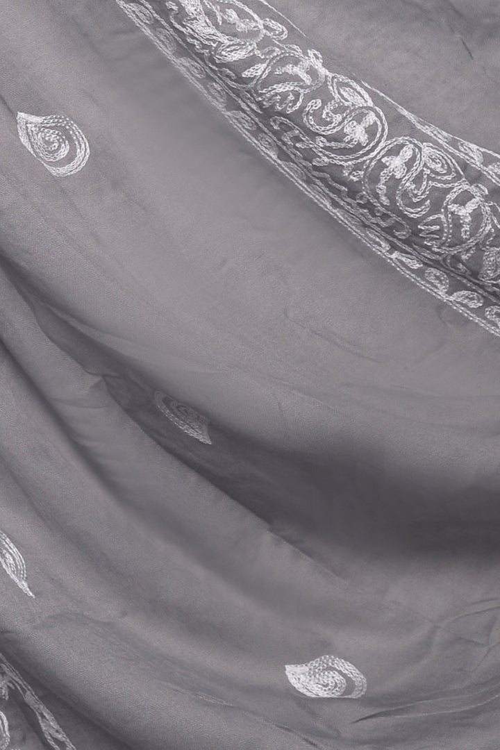 Stripe Embroidery Lawn Hijab - Grey