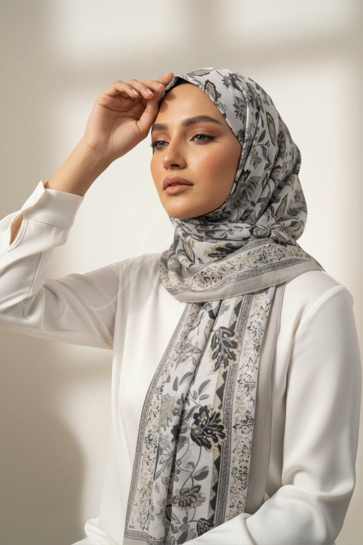 Printed Floral Lawn Hijab - Grey Garden