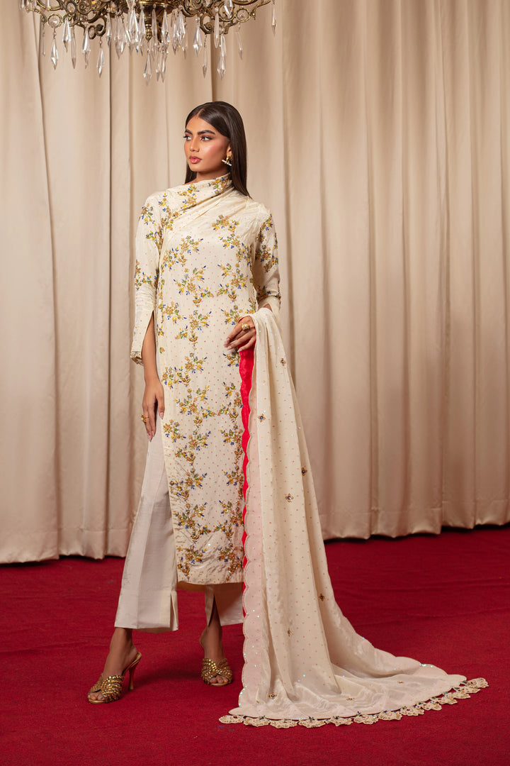 SIDE SLIT FOND ROSE SHIRT WITH TROUSER AND DUPATTA