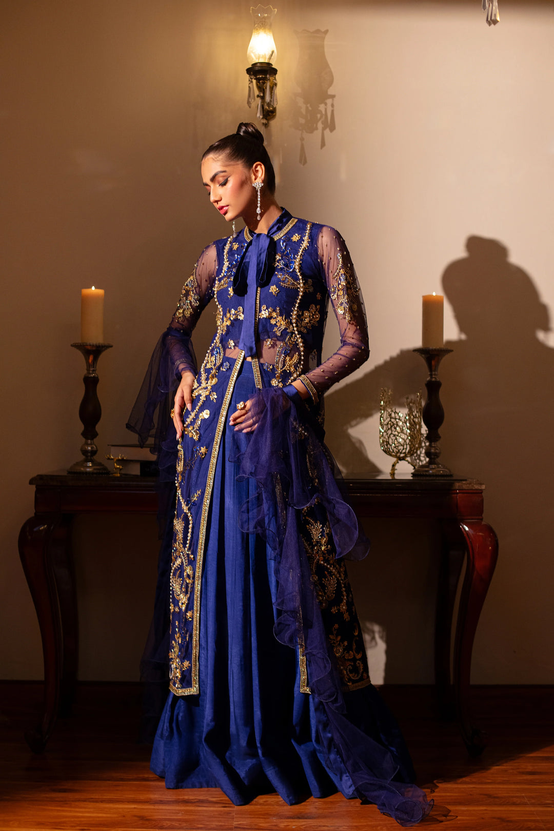 FOND BLEU LAPIS JACKET WITH LACE INNER, LEHENGA AND DUPATTA