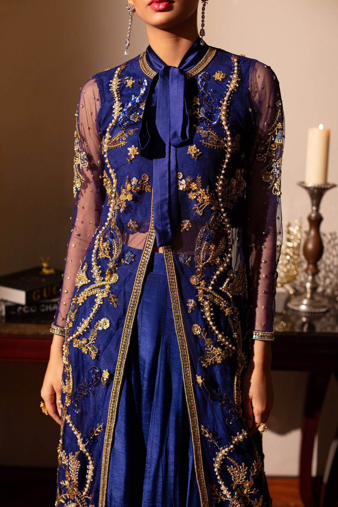 FOND BLEU LAPIS JACKET WITH LACE INNER, LEHENGA AND DUPATTA