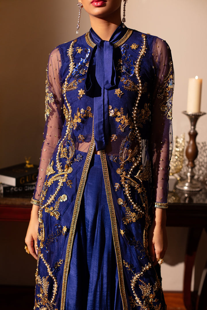 FOND BLEU LAPIS JACKET WITH LACE INNER, LEHENGA AND DUPATTA