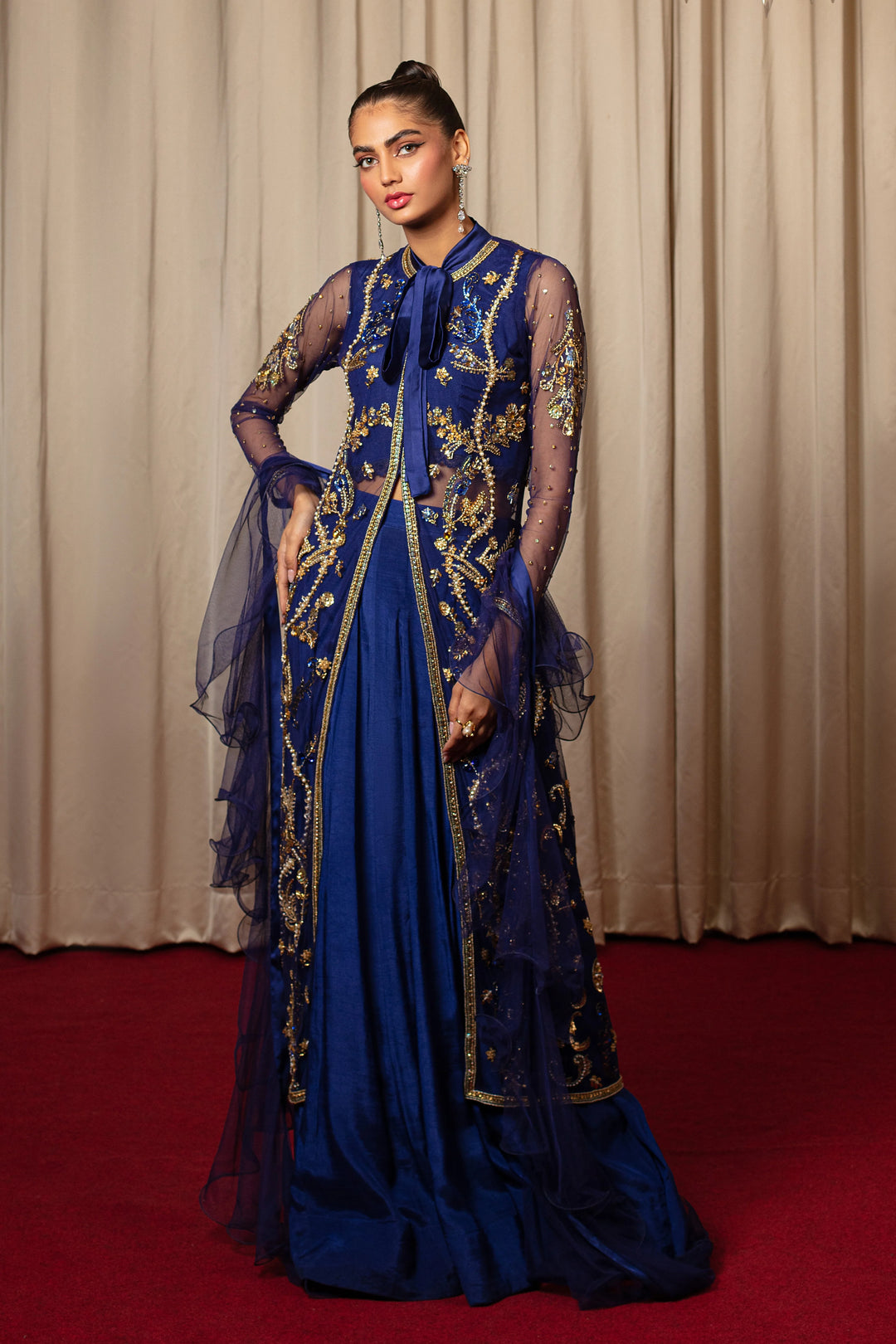 FOND BLEU LAPIS JACKET WITH LACE INNER, LEHENGA AND DUPATTA