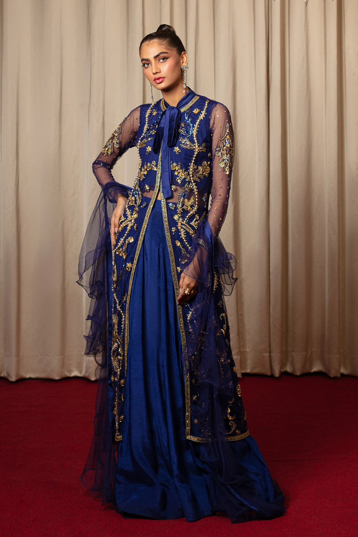 FOND BLEU LAPIS JACKET WITH LACE INNER, LEHENGA AND DUPATTA