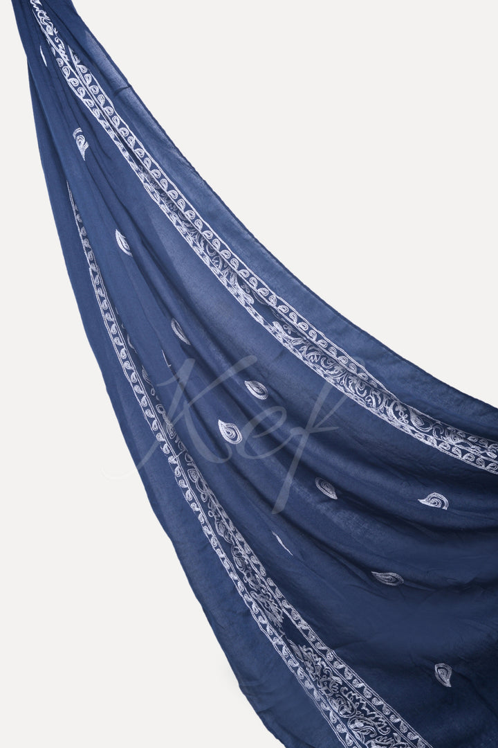 Stripe Embroidery Lawn Hijab - Navy Blue