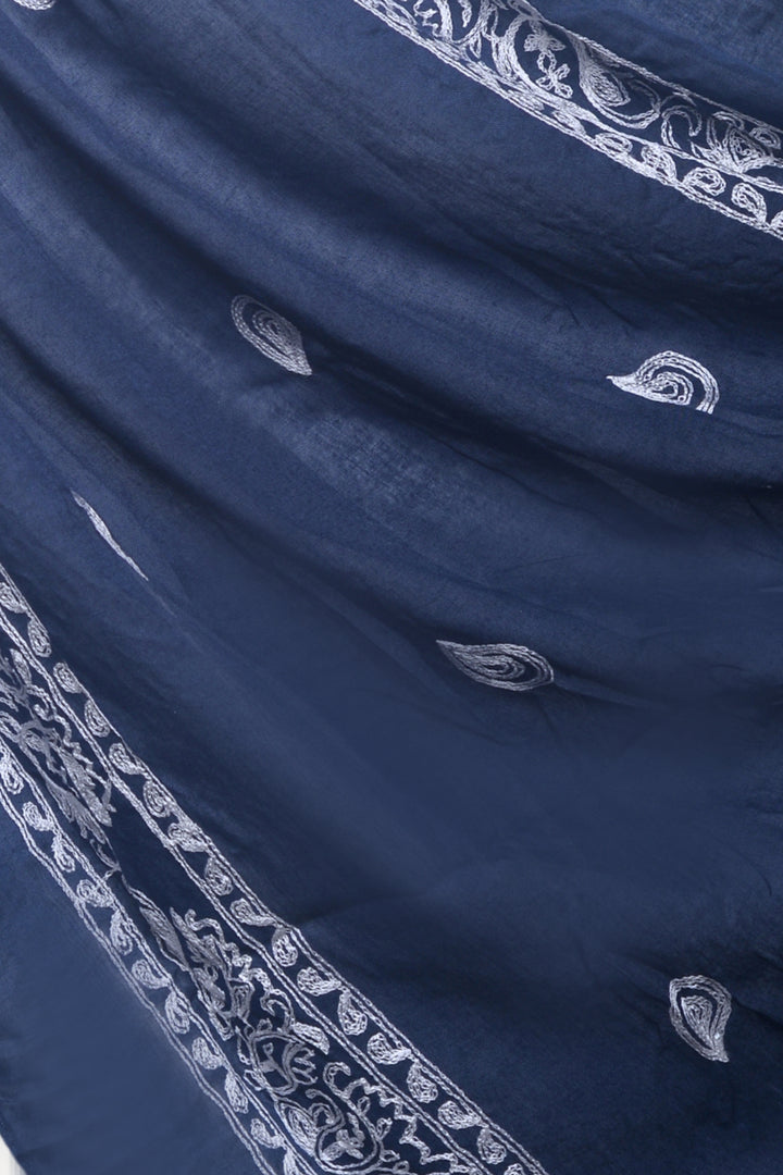 Stripe Embroidery Lawn Hijab - Navy Blue