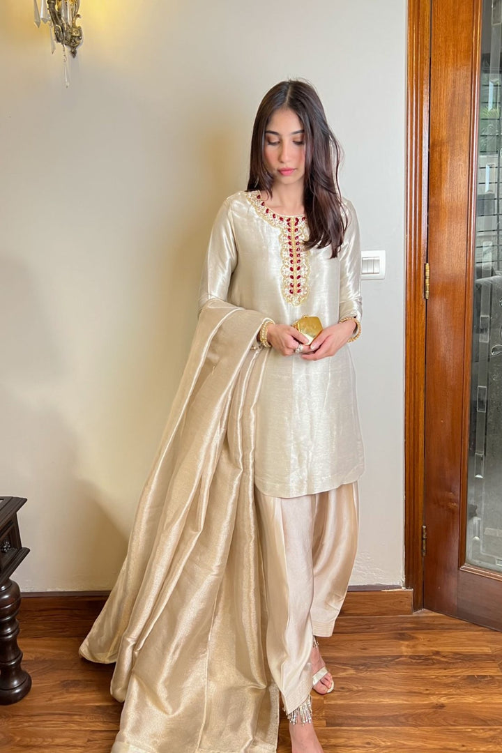 Ivory Pure Soft Satin Lama Tissue Dress