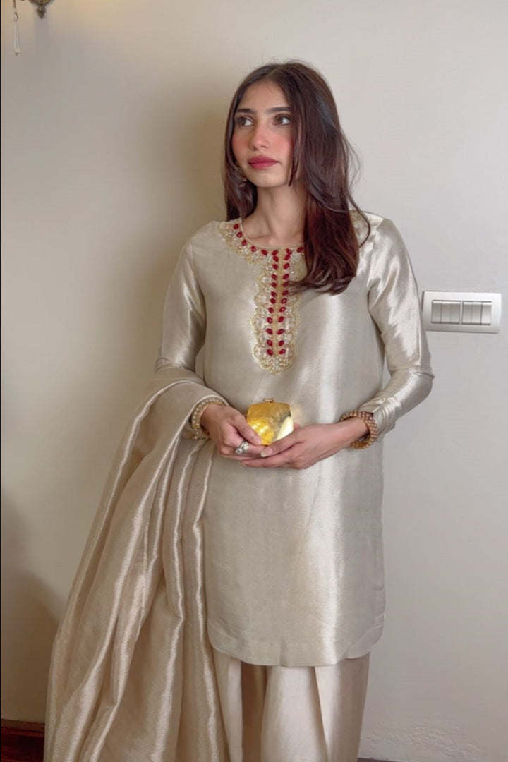 Ivory Pure Soft Satin Lama Tissue Dress