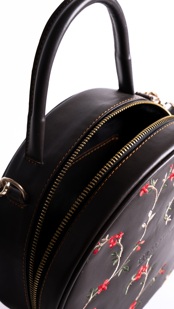 Round Leather Embroidered Dark Brown Bag