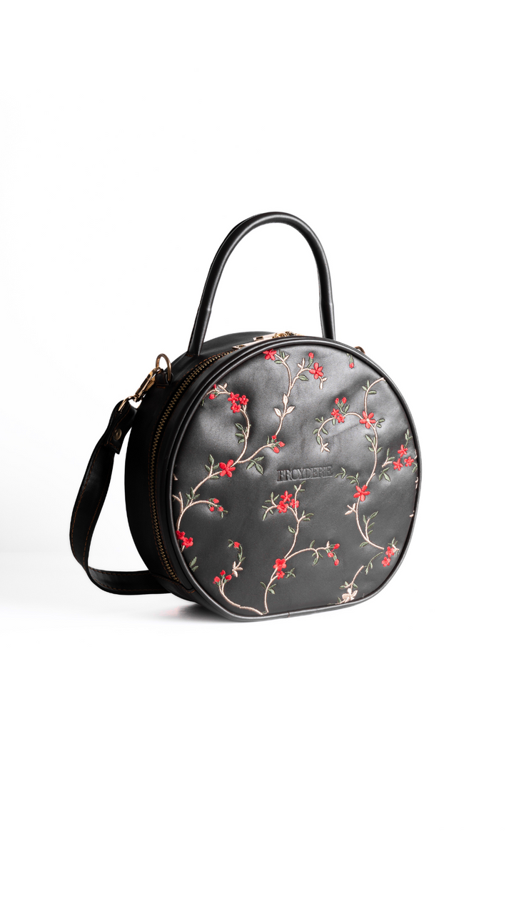 Round Leather Embroidered Dark Brown Bag