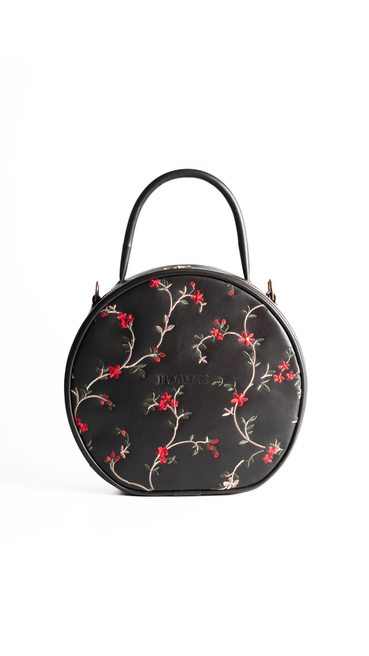 Round Leather Embroidered Dark Brown Bag