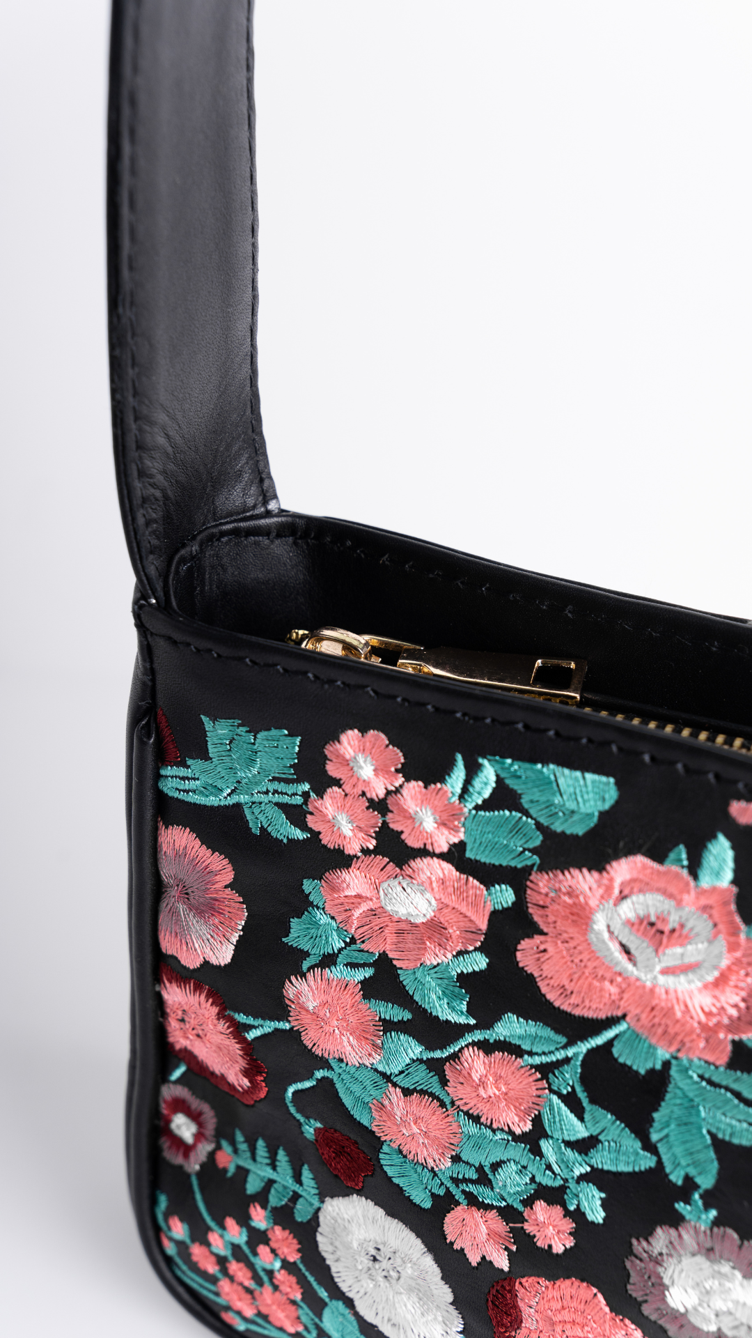 Small Leather Embroidered Black Shoulder Bag