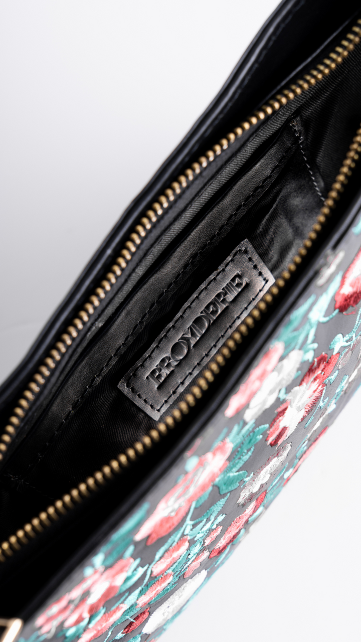 Small Leather Embroidered Black Shoulder Bag