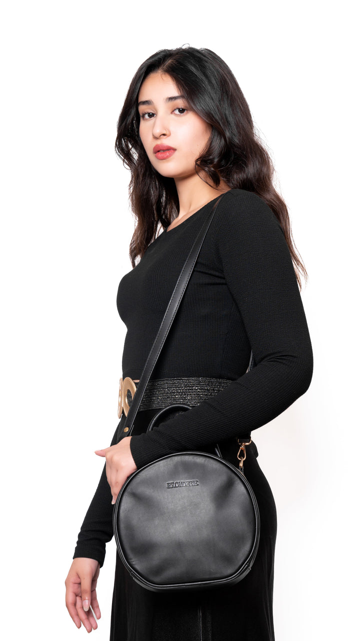 Round Leather Black Bag
