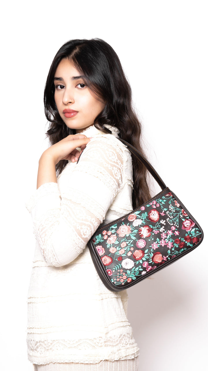 Small Leather Embroidered Brown Shoulder Bag