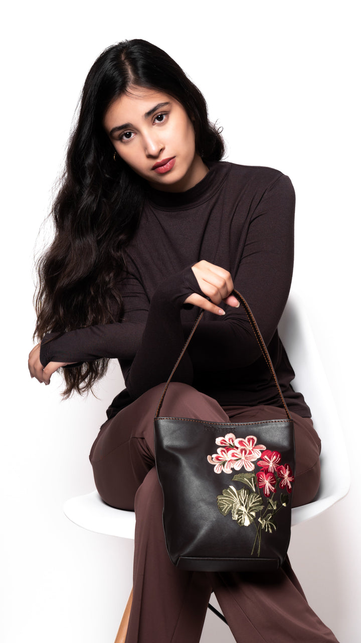 Brown Embroidered Bucket Bag