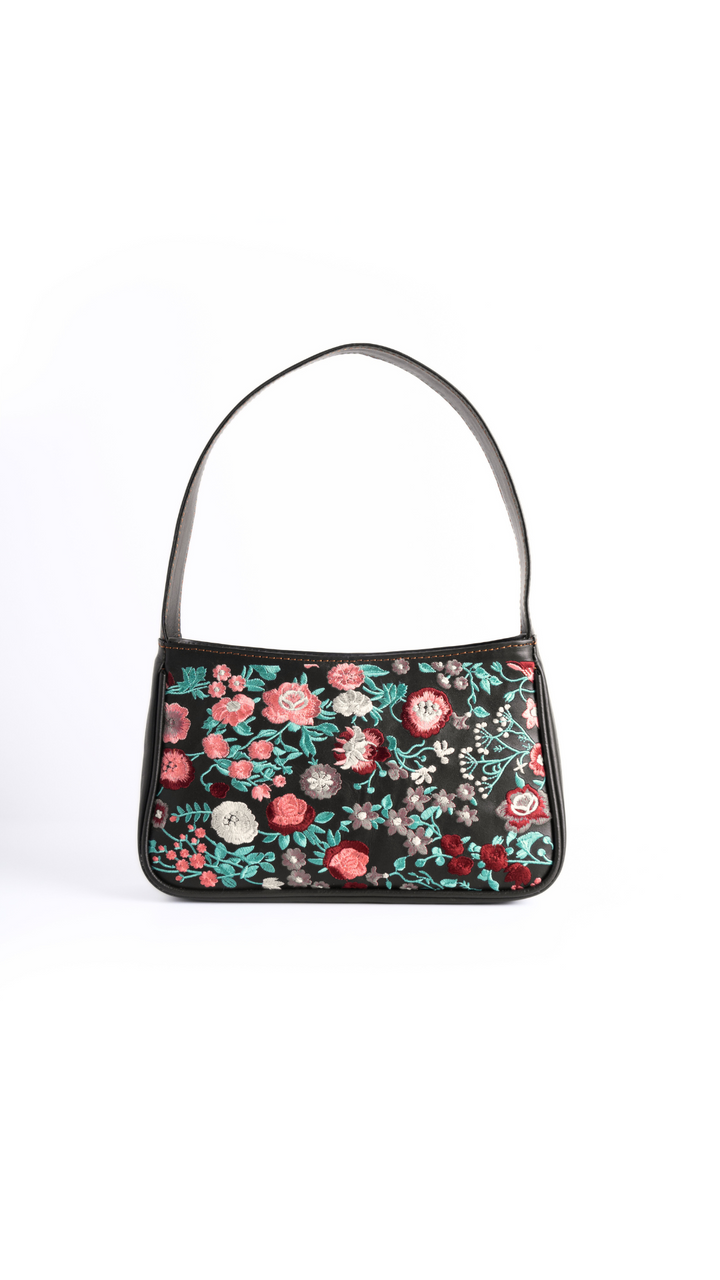 Small Leather Embroidered Black Shoulder Bag