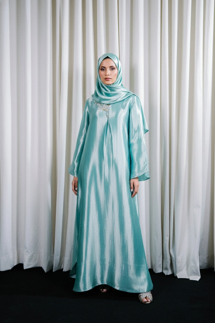Sky Blue Satin Lama Kaftan Abaya