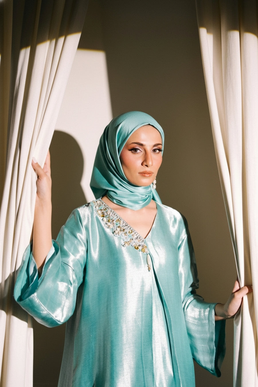 Sky Blue Satin Lama Kaftan Abaya