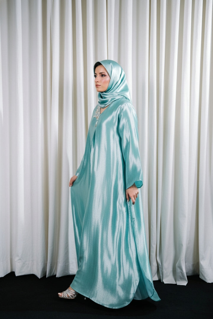 Sky Blue Satin Lama Kaftan Abaya