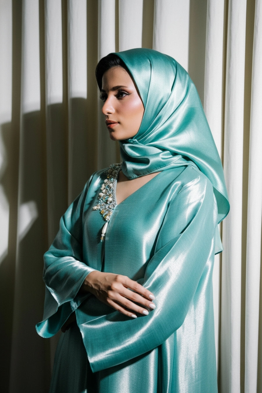 Sky Blue Satin Lama Kaftan Abaya