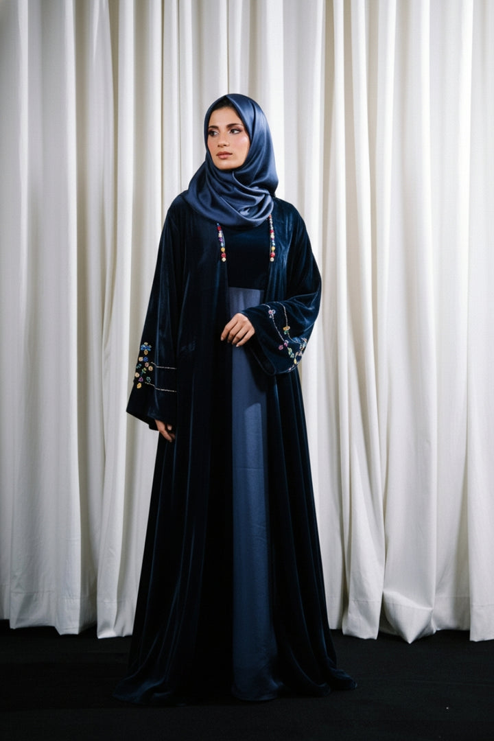 Crystal-Embellished Velvet Abaya Gown
