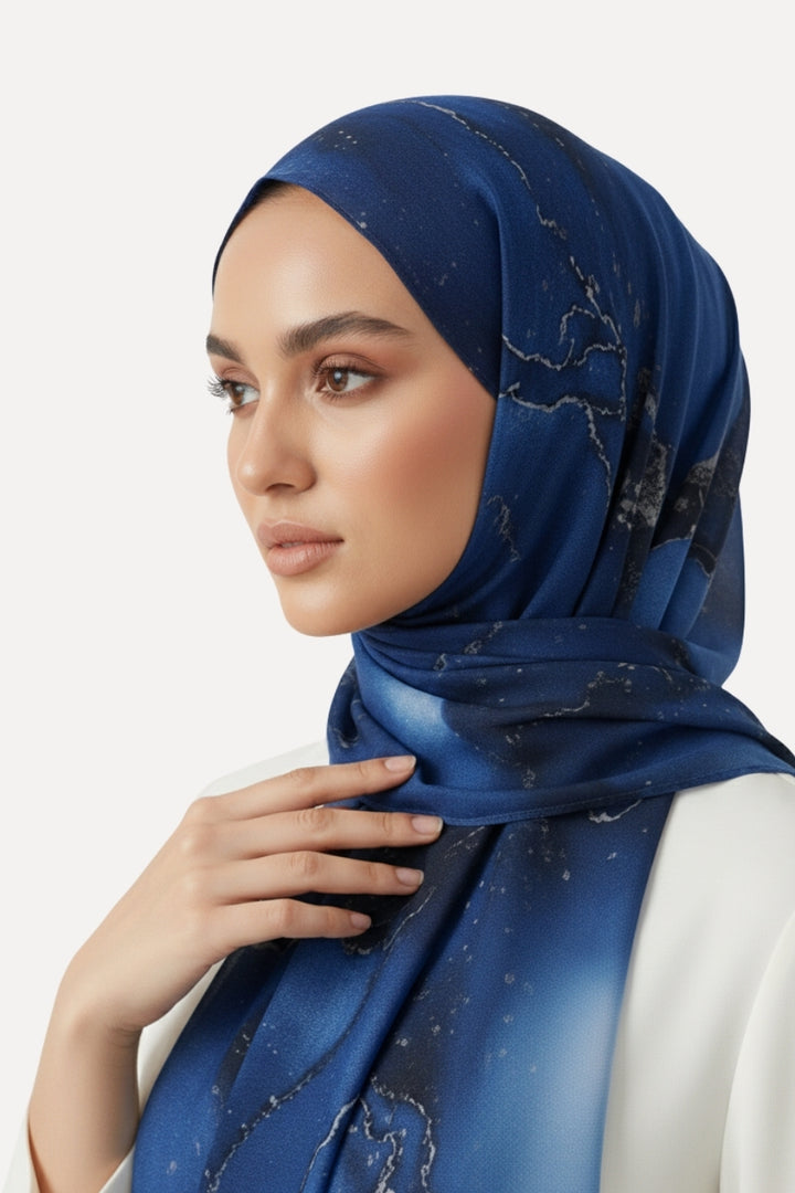 Printed Viscose Modal Hijab - Rainy Blue