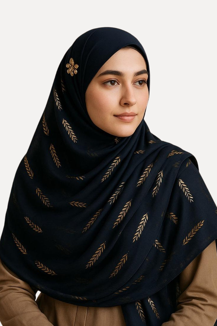 Golden Foil Lawn Hijab - Black